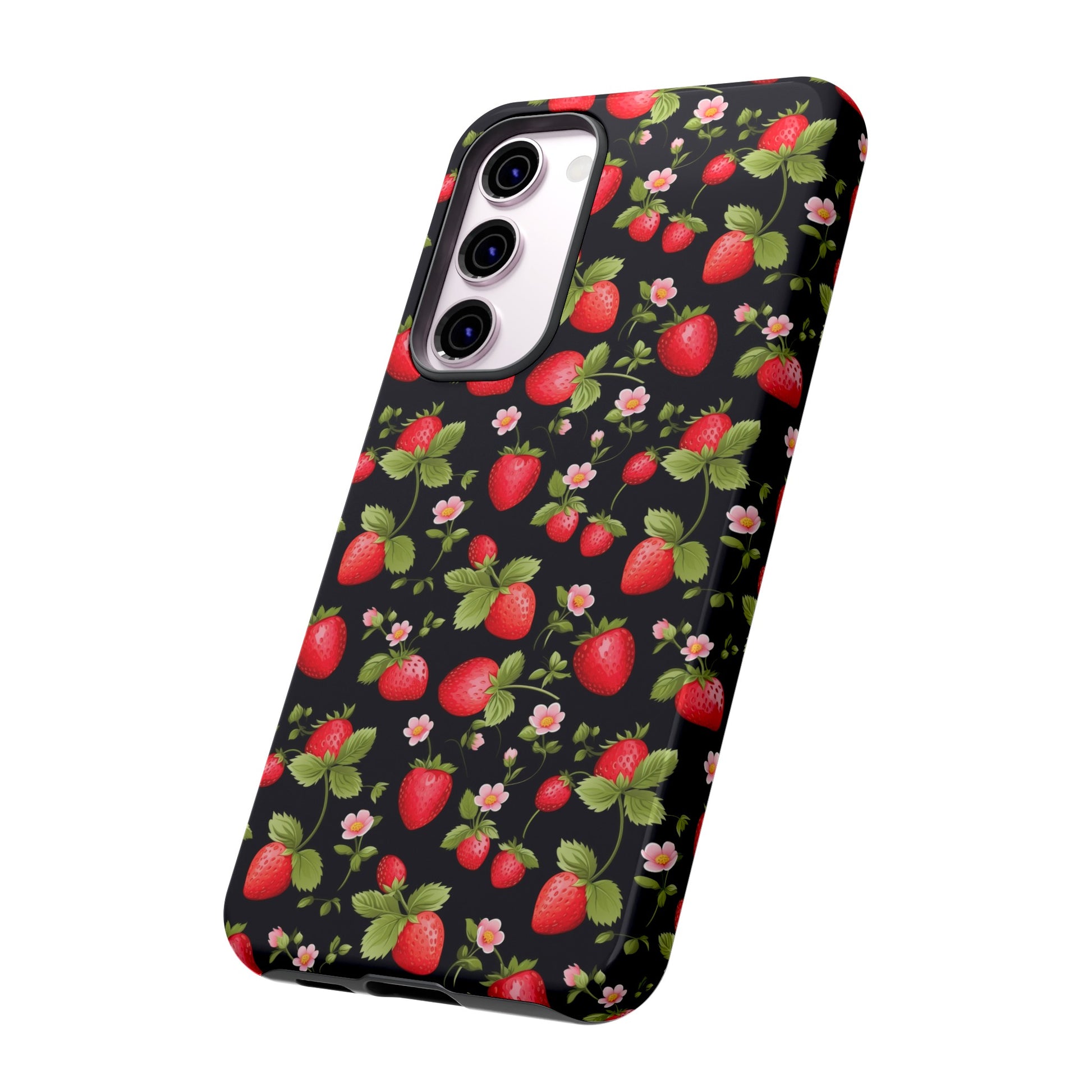 Strawberry's and Pink Flowers on Black Tough Phone Case - Cottage Garden Decor