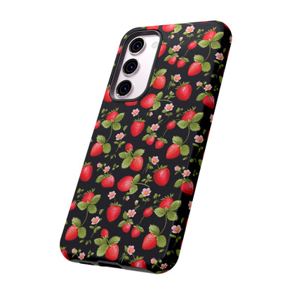 Strawberry's and Pink Flowers on Black Tough Phone Case - Cottage Garden Decor