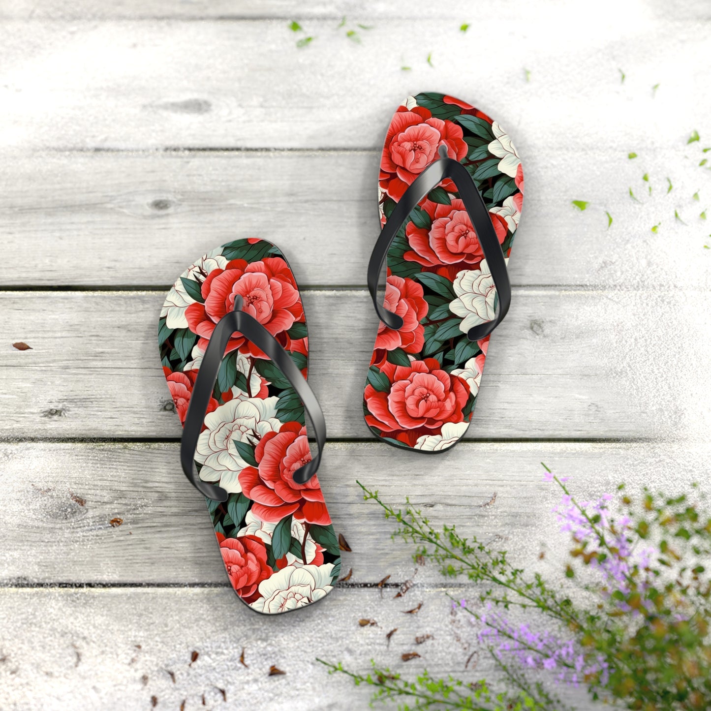 Charming Red and White Rose Flip Flops - Cottage Garden Decor