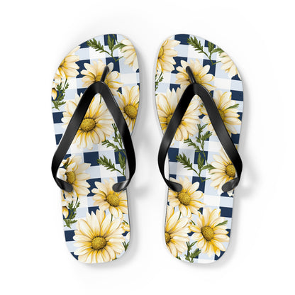 Blue and White Gingham Daisy Flip Flops - Cottage Garden Decor