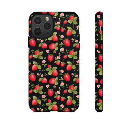 Strawberry's and Pink Flowers on Black Tough Phone Case - Cottage Garden Decor