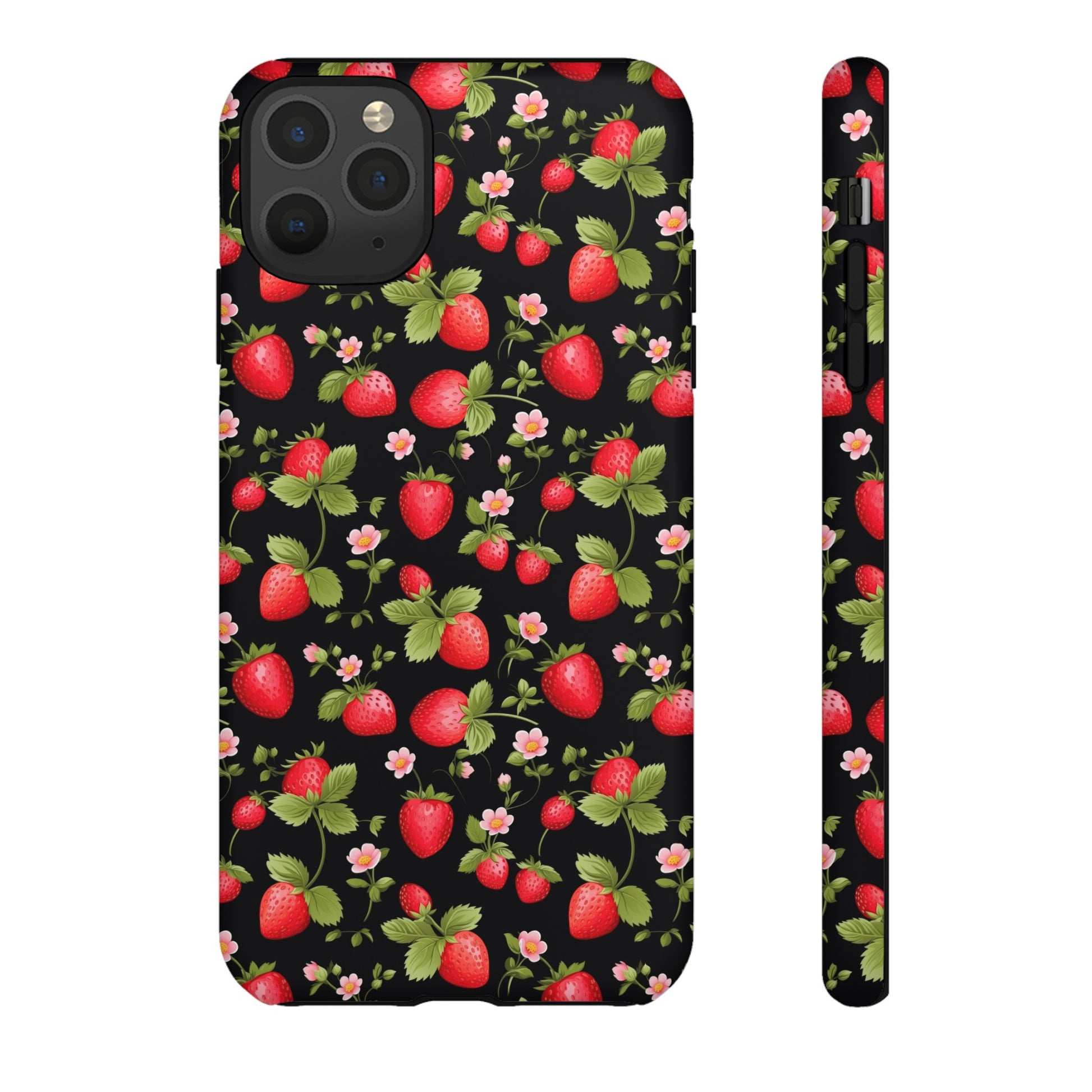 Strawberry's and Pink Flowers on Black Tough Phone Case - Cottage Garden Decor