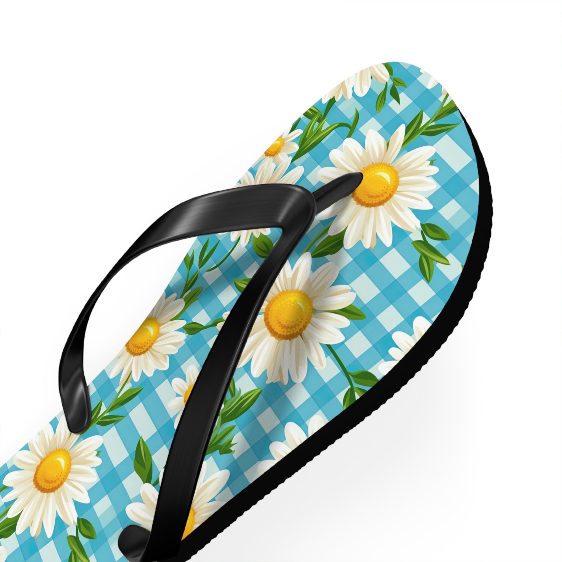 Bright Blue Gingham and Daisy's Flip Flops - Cottage Garden Decor