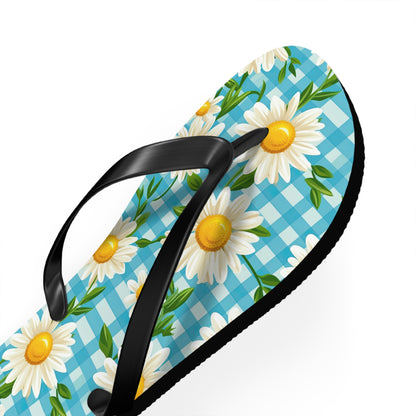 Bright Blue Gingham and Daisy's Flip Flops - Cottage Garden Decor