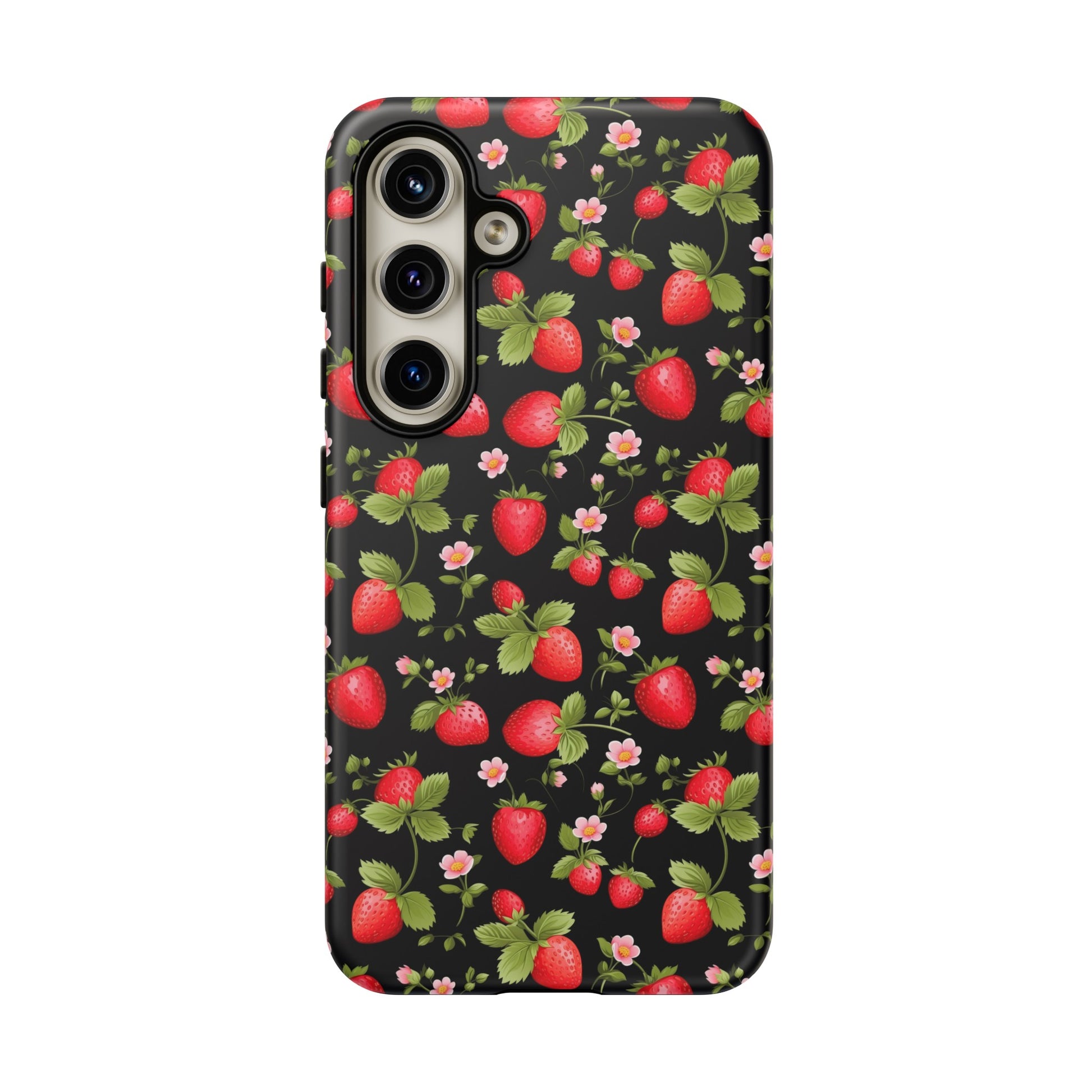 Strawberry's and Pink Flowers on Black Tough Phone Case - Cottage Garden Decor