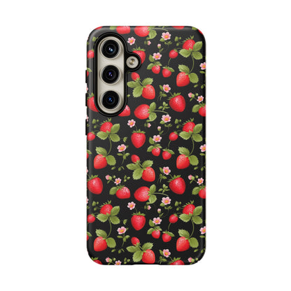 Strawberry's and Pink Flowers on Black Tough Phone Case - Cottage Garden Decor