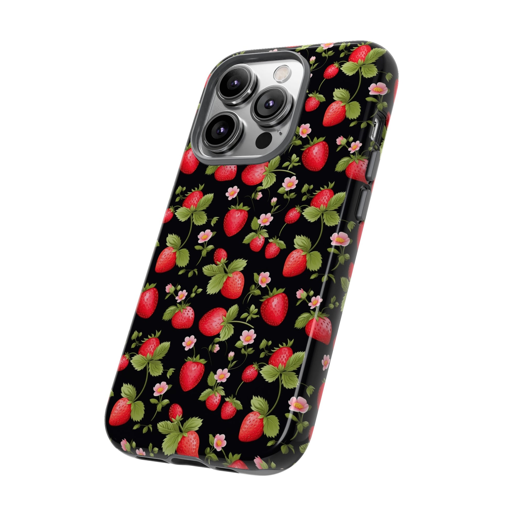 Strawberry's and Pink Flowers on Black Tough Phone Case - Cottage Garden Decor