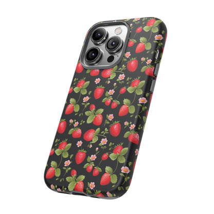 Strawberry's and Pink Flowers on Black Tough Phone Case - Cottage Garden Decor