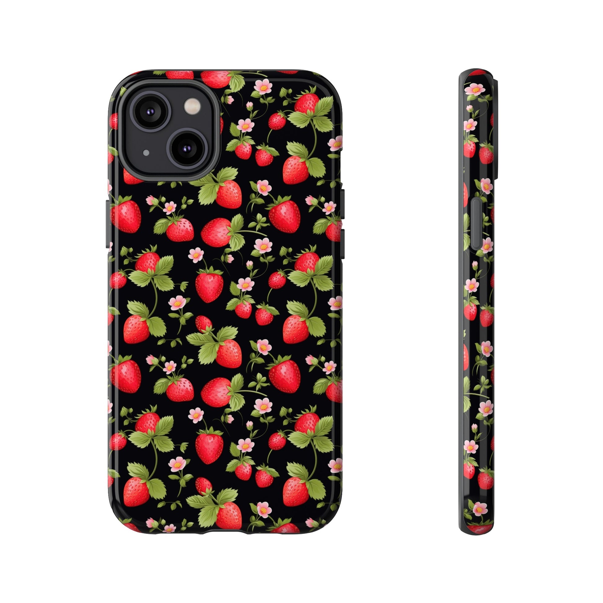 Strawberry's and Pink Flowers on Black Tough Phone Case - Cottage Garden Decor