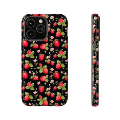 Strawberry's and Pink Flowers on Black Tough Phone Case - Cottage Garden Decor