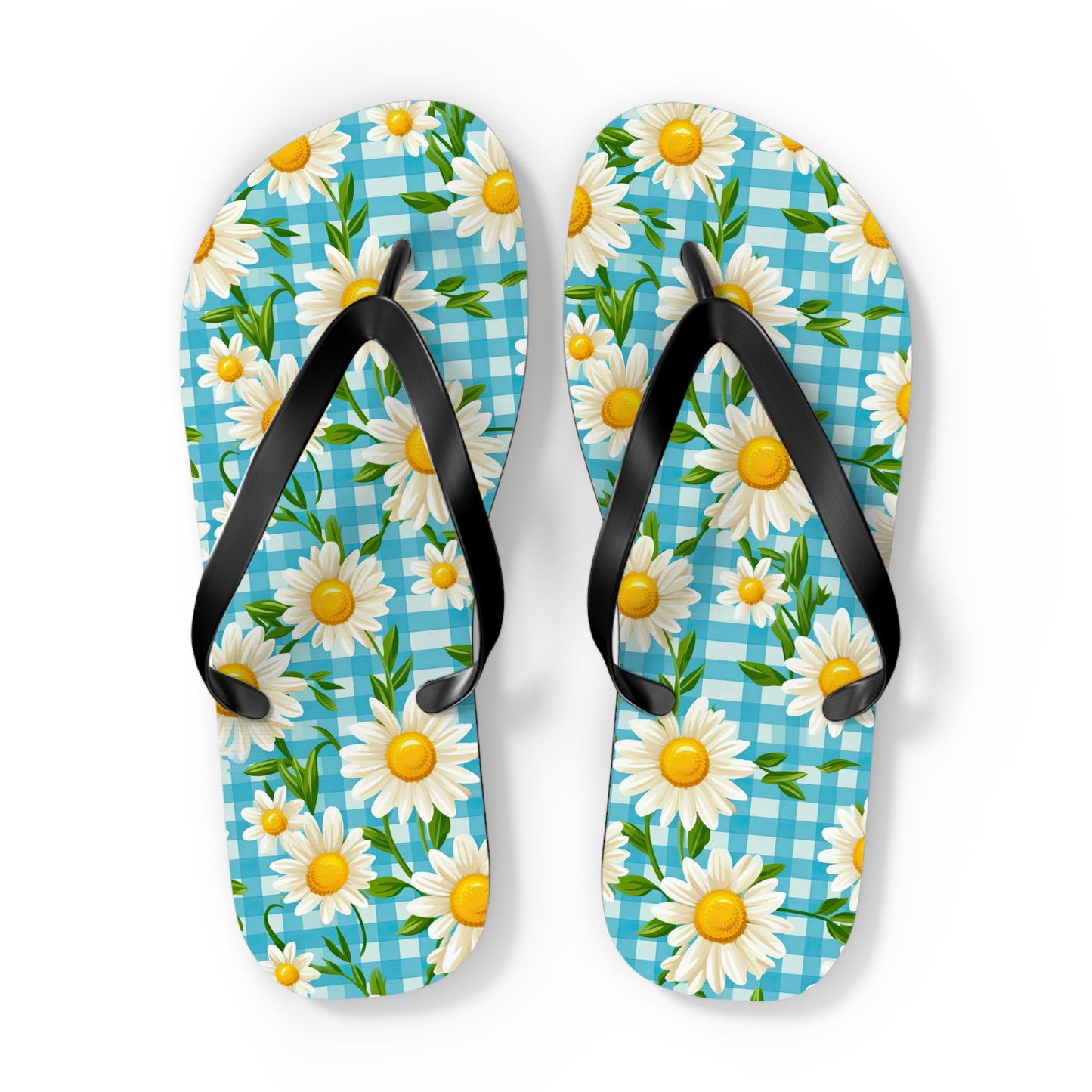 Bright Blue Gingham and Daisy's Flip Flops - Cottage Garden Decor