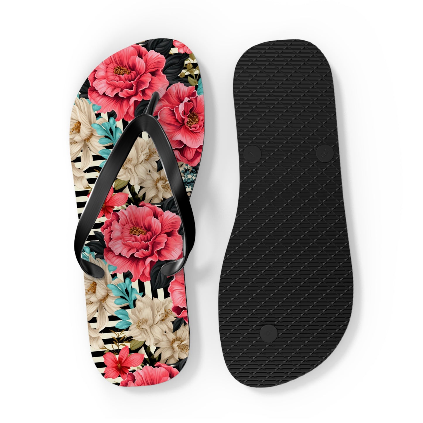 Stripes and Pink Roses Flip Flops - Cottage Garden Decor