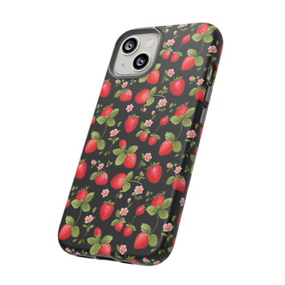 Strawberry's and Pink Flowers on Black Tough Phone Case - Cottage Garden Decor