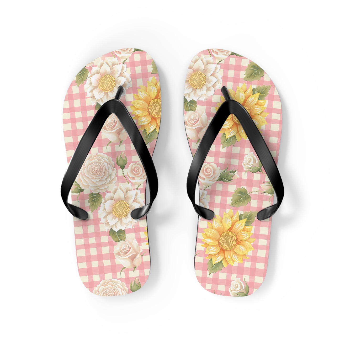 Sweet Bright Pink Gingham Floral Flip Flops - Cottage Garden Decor