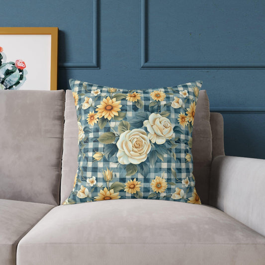 Traditional Blue Gingham Floral Pattern Cushion - Cottage Garden Decor