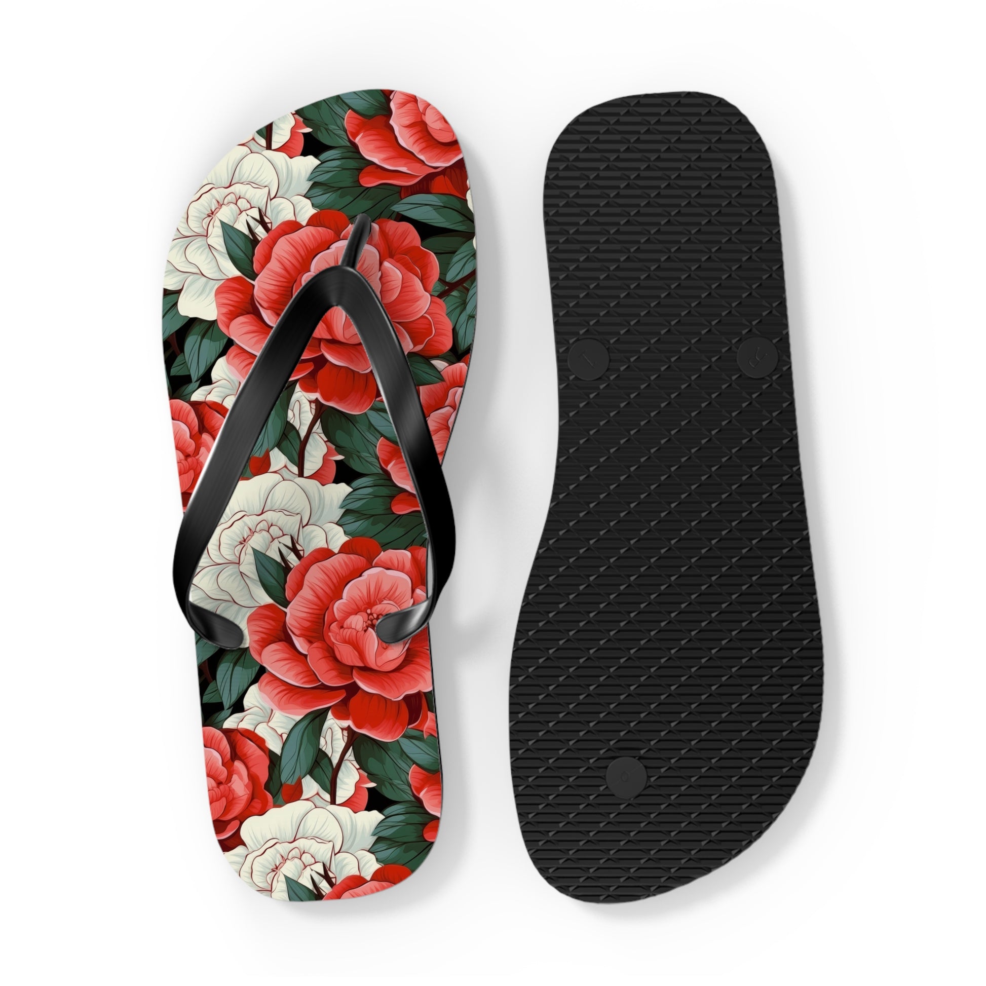 Charming Red and White Rose Flip Flops - Cottage Garden Decor