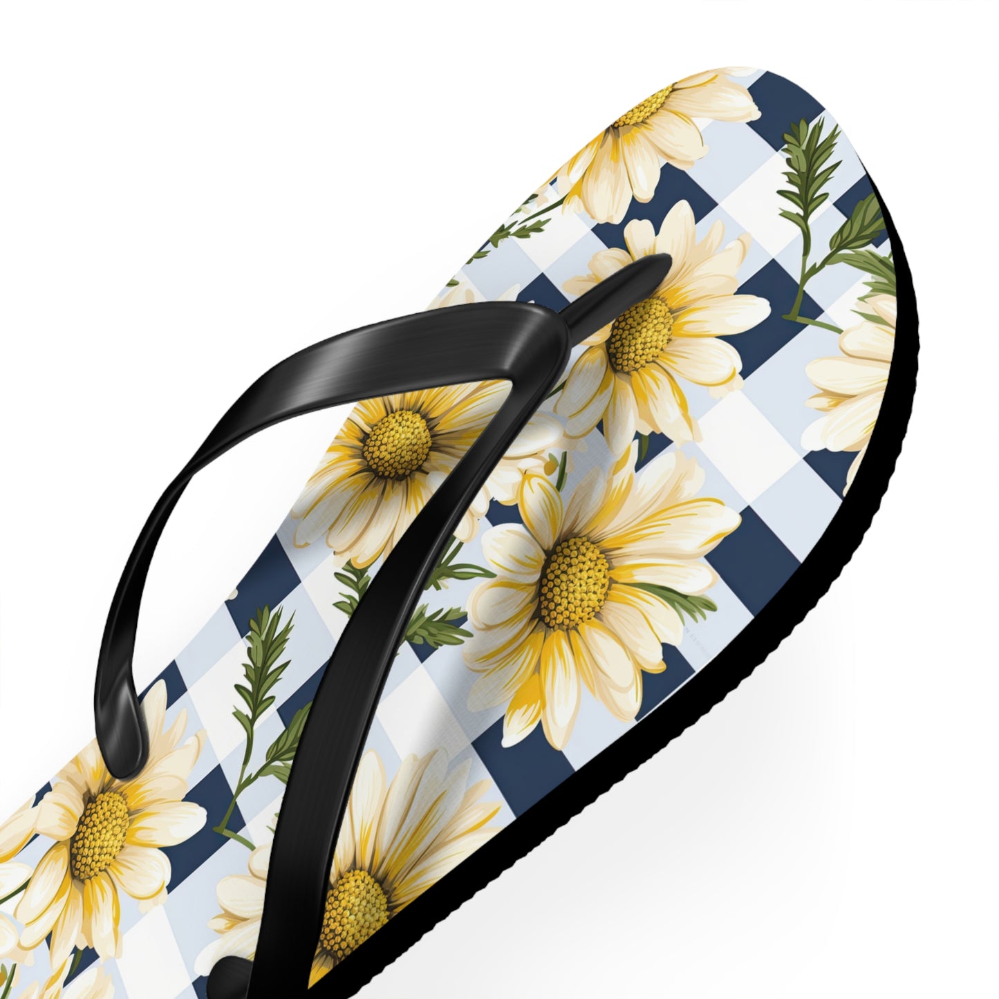 Blue and White Gingham Daisy Flip Flops - Cottage Garden Decor