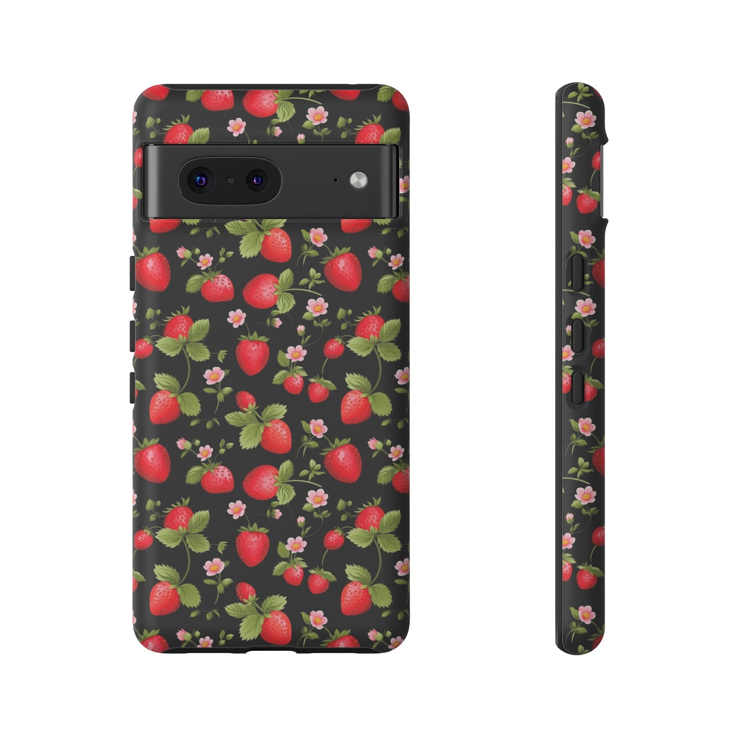 Strawberry's and Pink Flowers on Black Tough Phone Case - Cottage Garden Decor