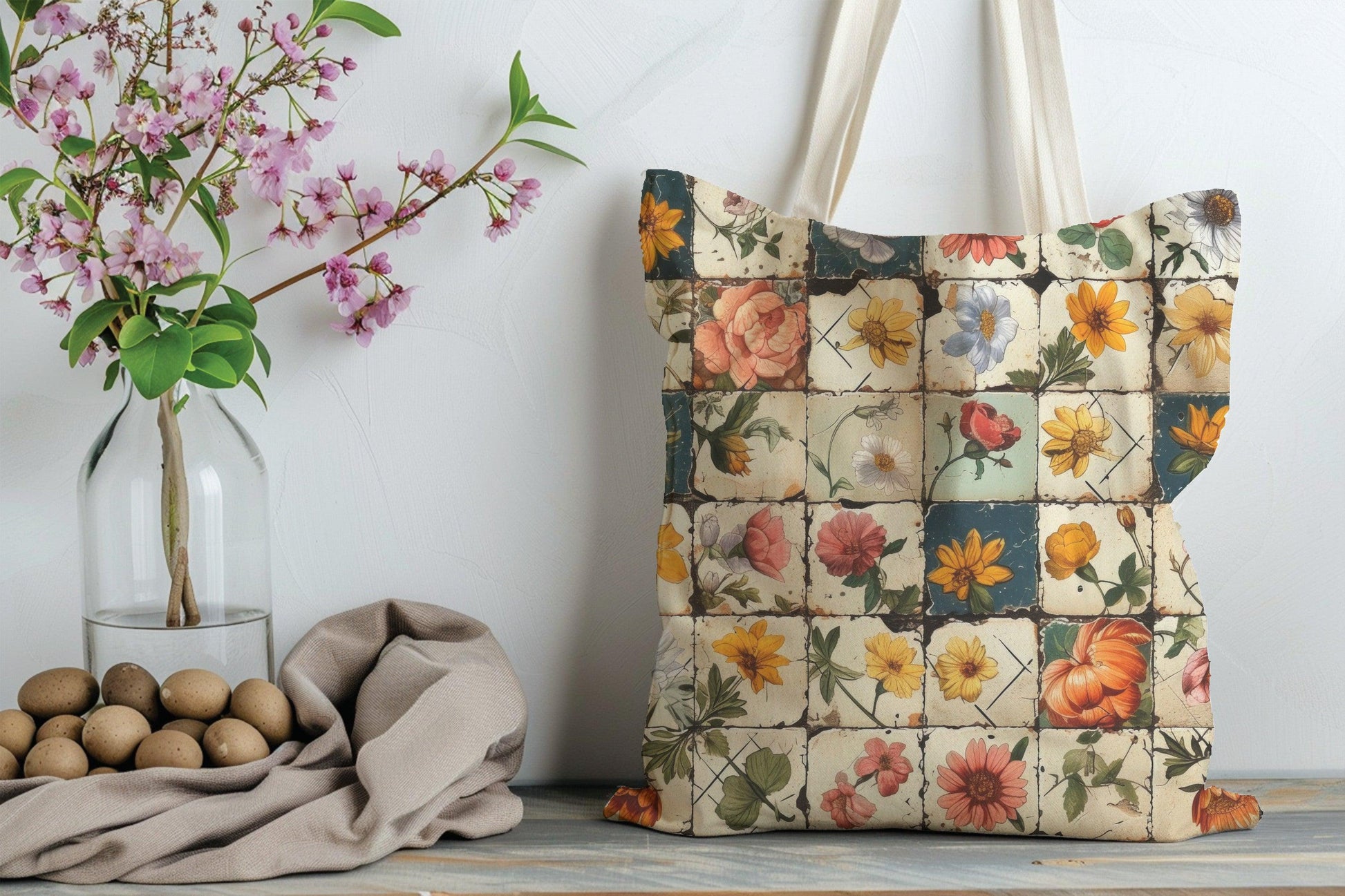 Cottagecore Floral Print Tote Bag - Quilted Patchwork Design - Cottage Garden Decor