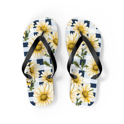 Blue and White Gingham Daisy Flip Flops - Cottage Garden Decor