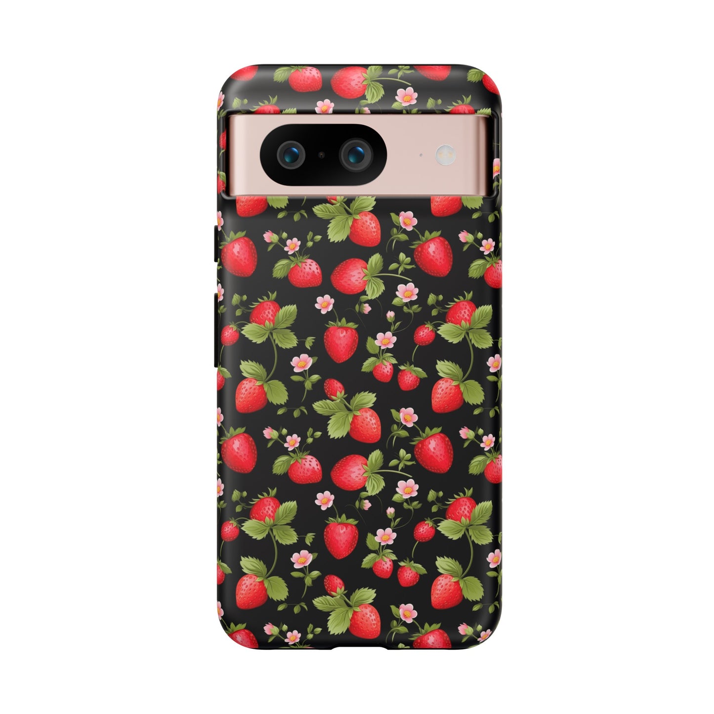 Strawberry's and Pink Flowers on Black Tough Phone Case - Cottage Garden Decor