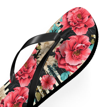 Stripes and Pink Roses Flip Flops - Cottage Garden Decor