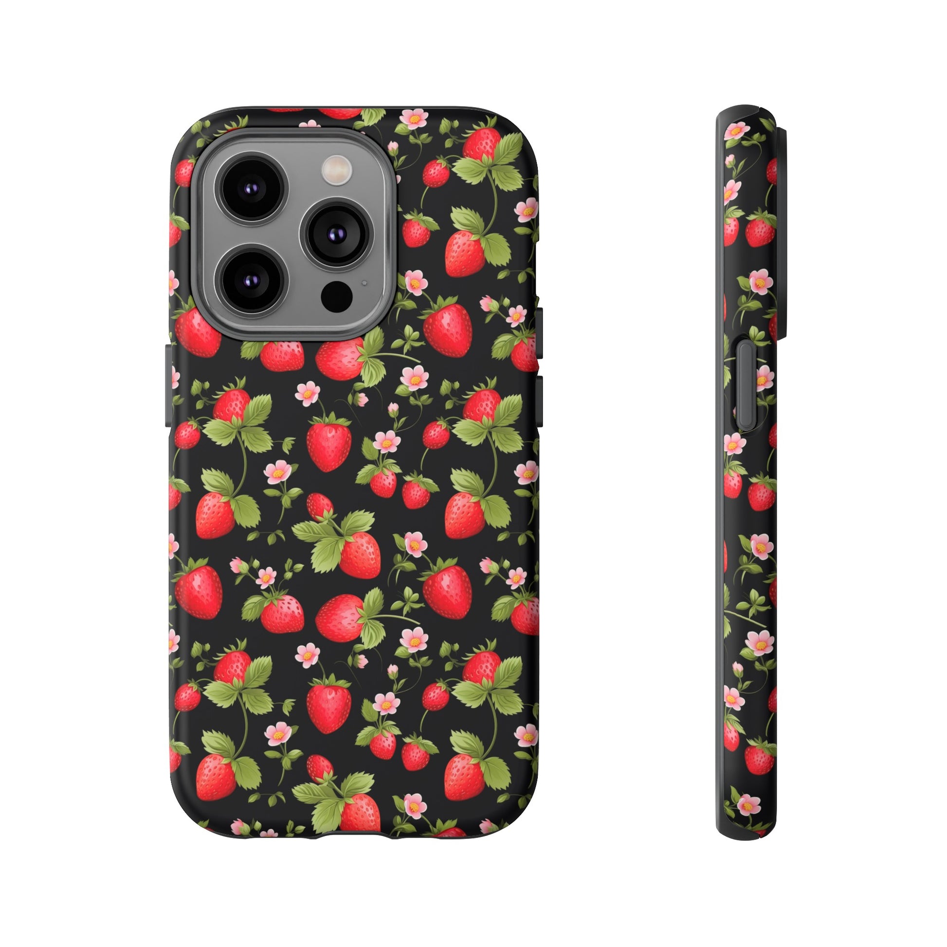 Strawberry's and Pink Flowers on Black Tough Phone Case - Cottage Garden Decor