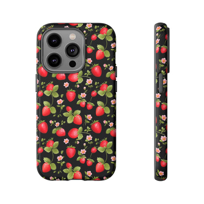 Strawberry's and Pink Flowers on Black Tough Phone Case - Cottage Garden Decor