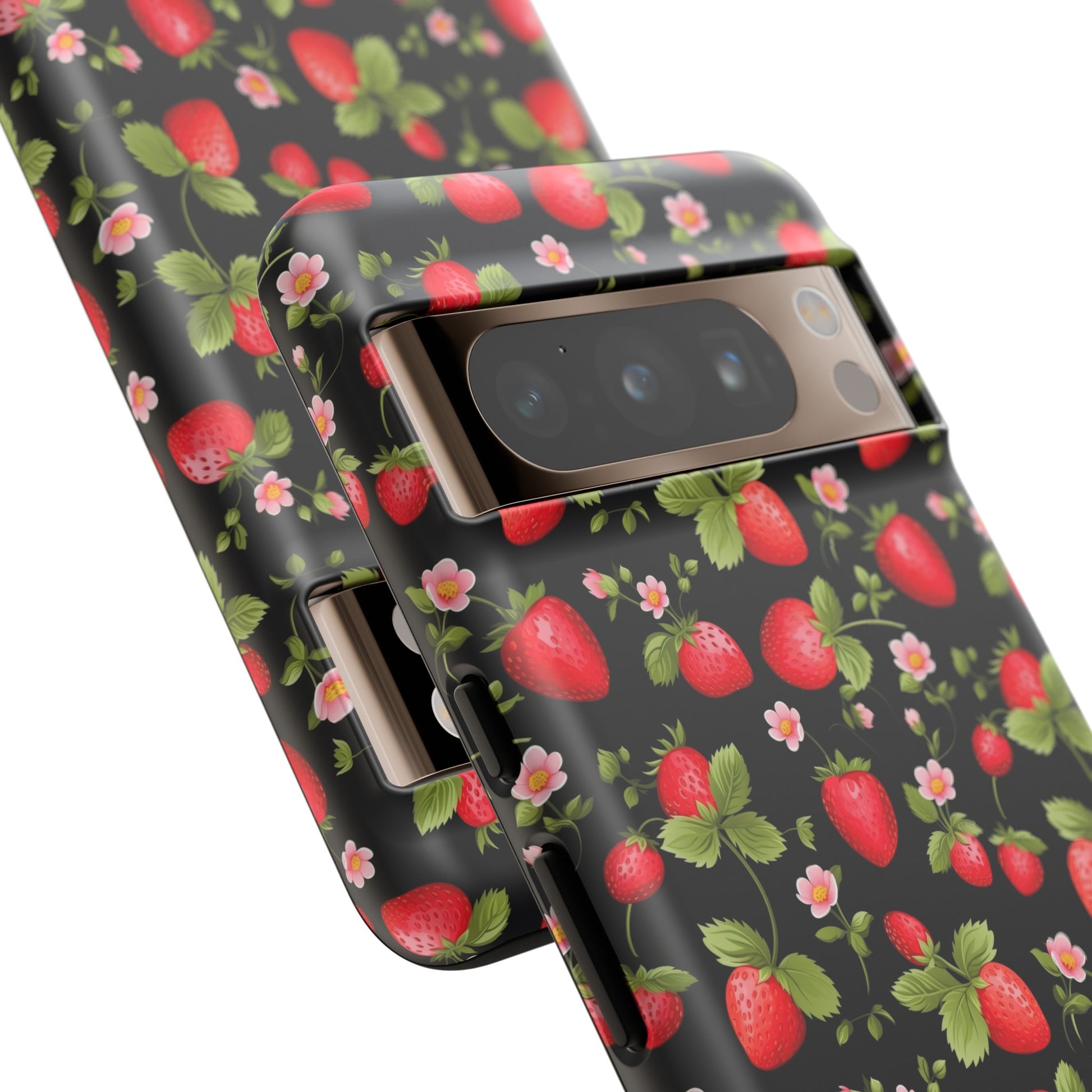 Strawberry's and Pink Flowers on Black Tough Phone Case - Cottage Garden Decor