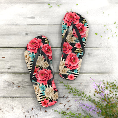 Stripes and Pink Roses Flip Flops - Cottage Garden Decor