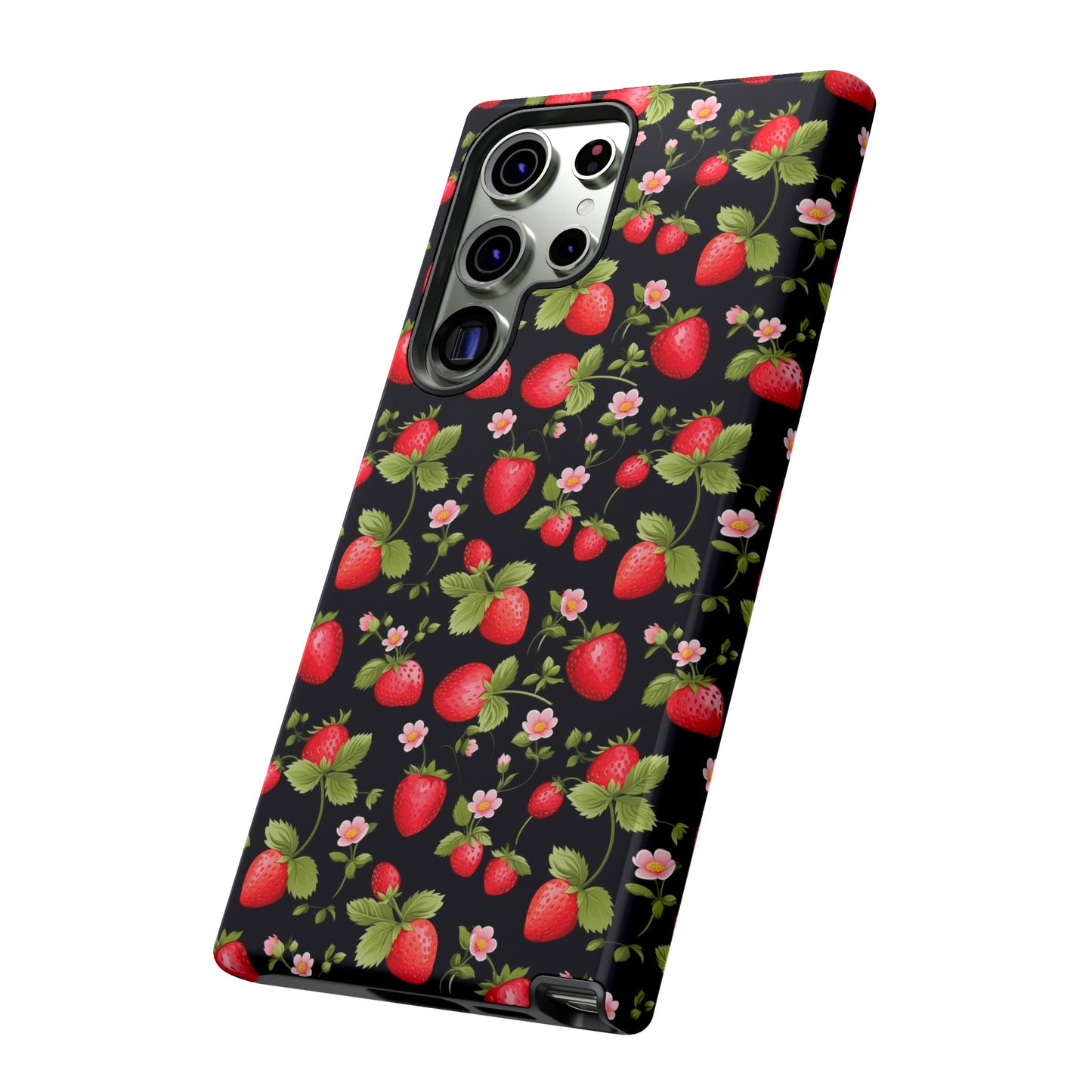 Strawberry's and Pink Flowers on Black Tough Phone Case - Cottage Garden Decor