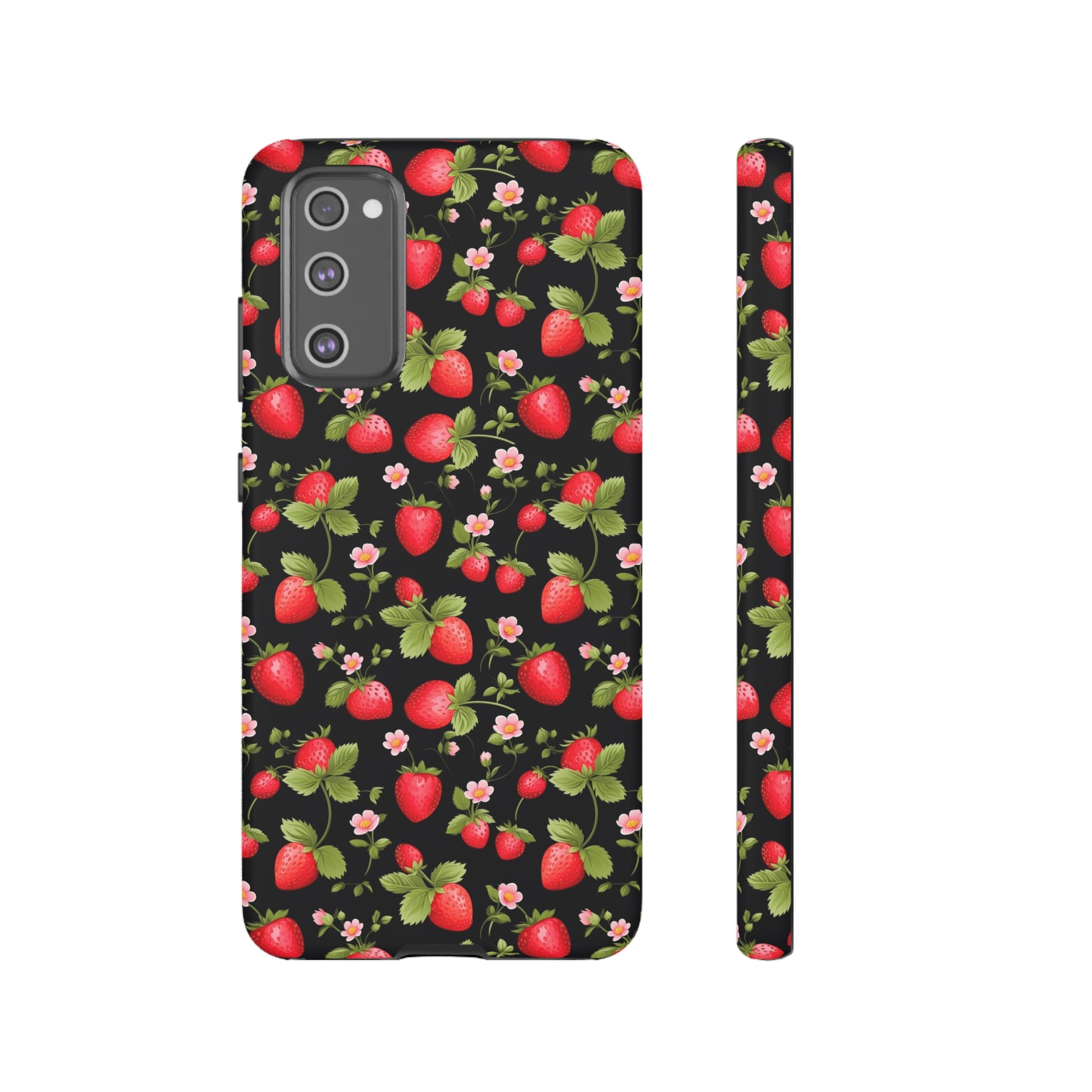 Strawberry's and Pink Flowers on Black Tough Phone Case - Cottage Garden Decor