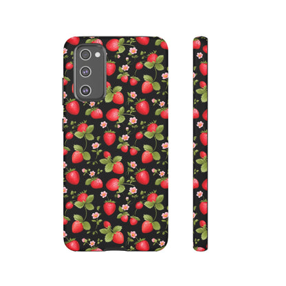 Strawberry's and Pink Flowers on Black Tough Phone Case - Cottage Garden Decor