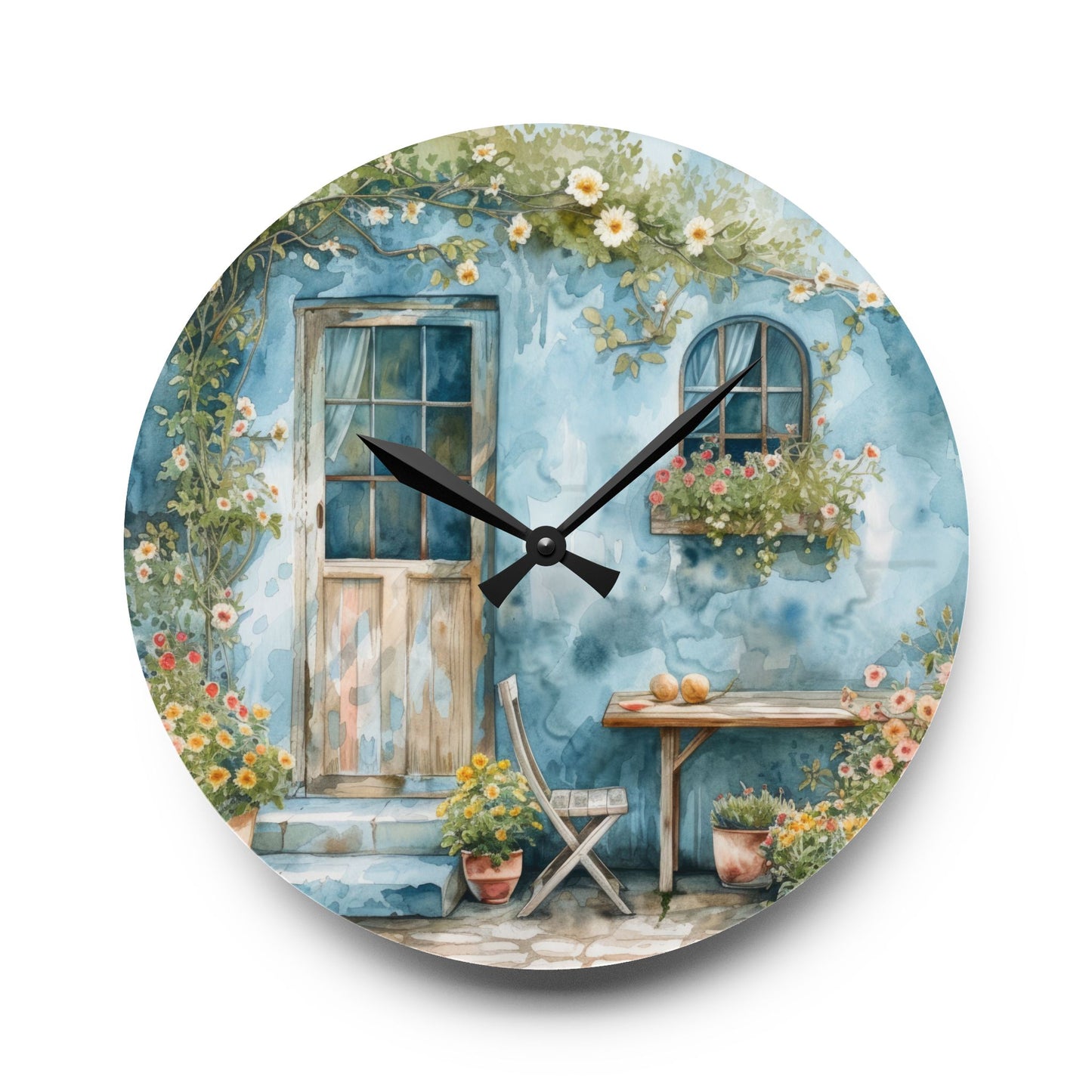 Blue Cottage Back Door Acrylic Wall Clock - Cottage Garden Decor