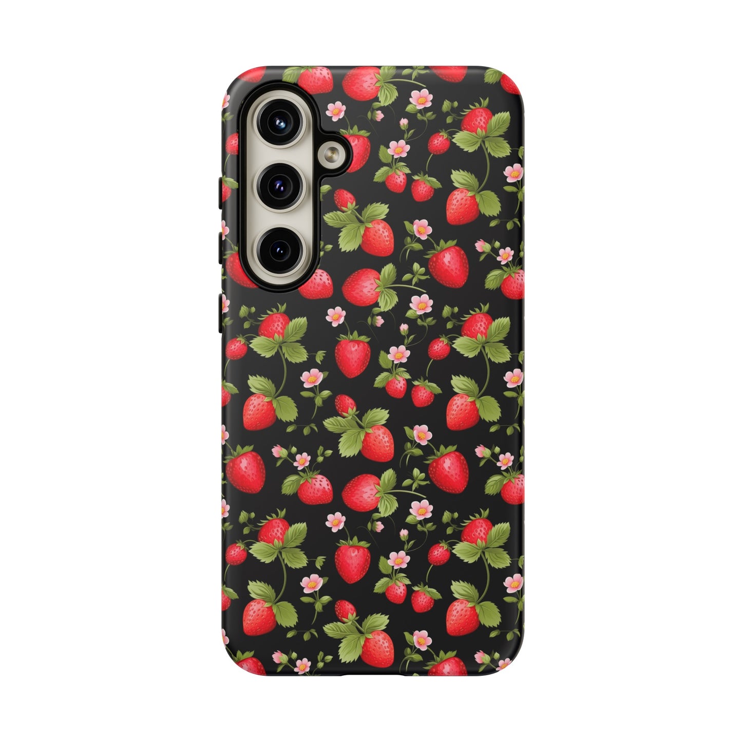 Strawberry's and Pink Flowers on Black Tough Phone Case - Cottage Garden Decor