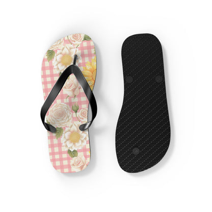 Sweet Bright Pink Gingham Floral Flip Flops - Cottage Garden Decor