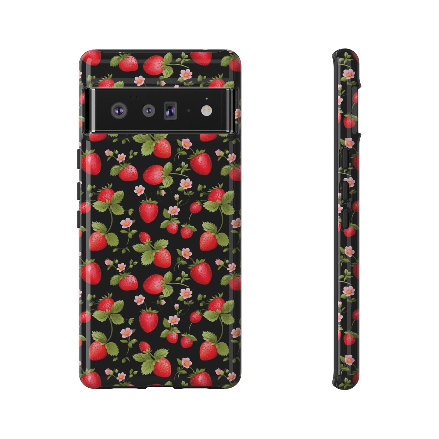 Strawberry's and Pink Flowers on Black Tough Phone Case - Cottage Garden Decor