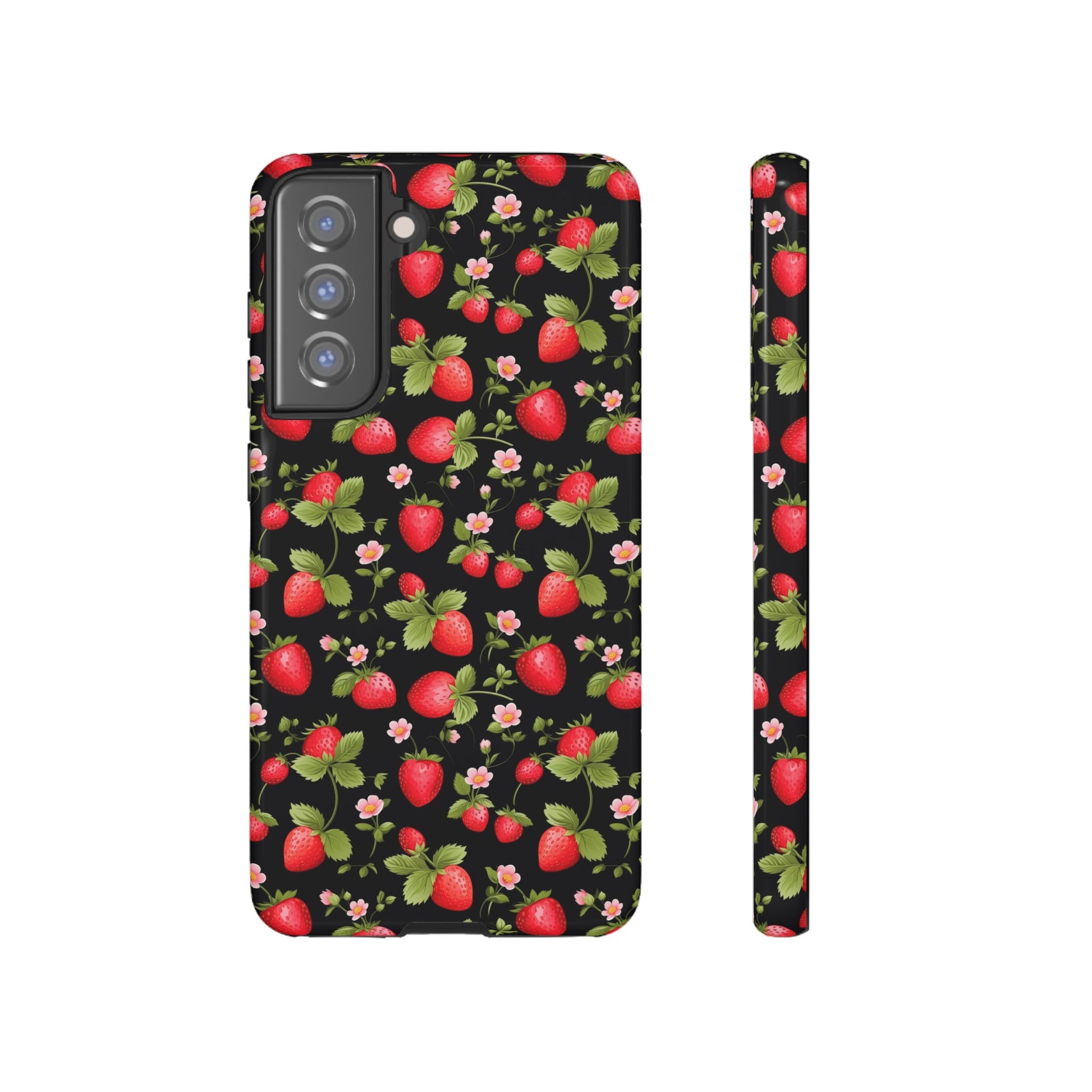 Strawberry's and Pink Flowers on Black Tough Phone Case - Cottage Garden Decor