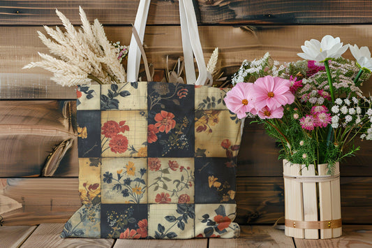 Whimsical Patchwork Print Floral Tote Bag - Vintage Inspired - Cottage Garden Decor
