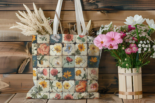 Cottagecore Floral Print Tote Bag - Quilted Patchwork Design - Cottage Garden Decor
