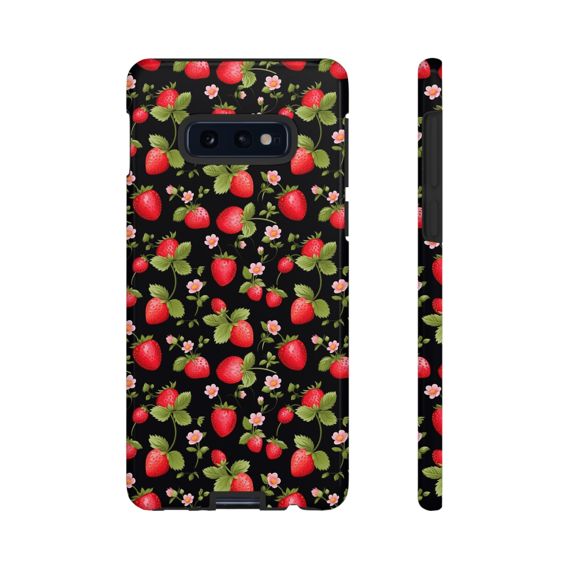 Strawberry's and Pink Flowers on Black Tough Phone Case - Cottage Garden Decor