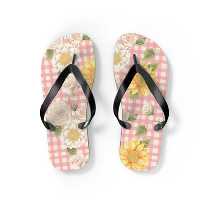 Sweet Bright Pink Gingham Floral Flip Flops - Cottage Garden Decor