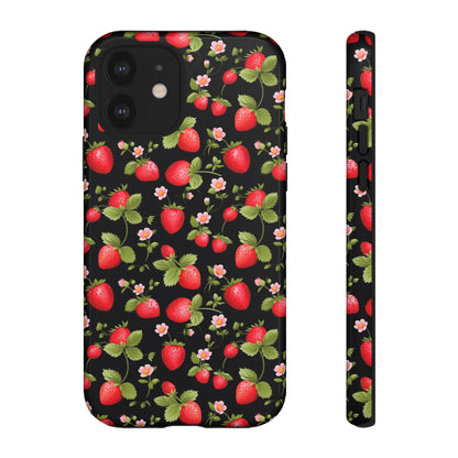 Strawberry's and Pink Flowers on Black Tough Phone Case - Cottage Garden Decor