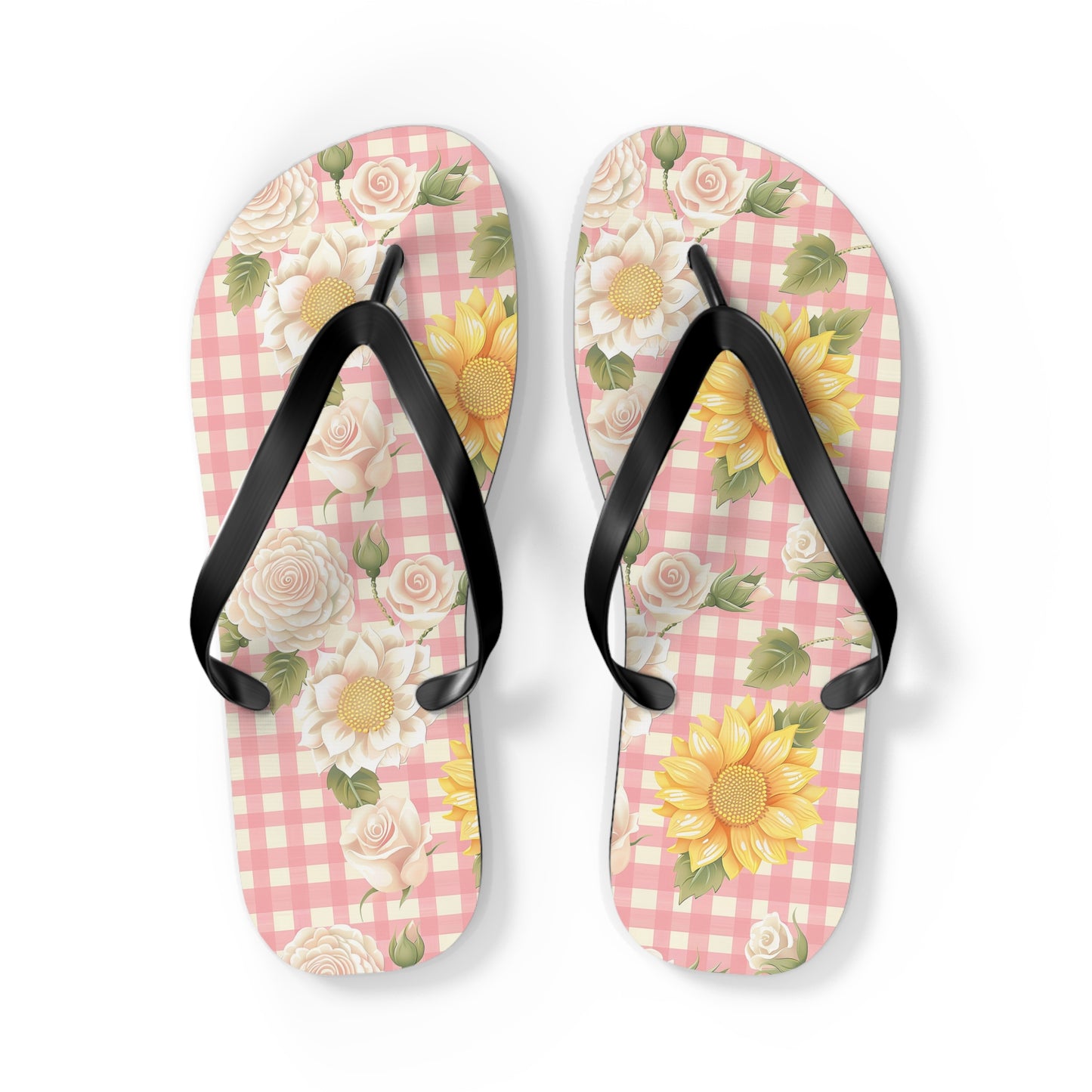 Sweet Bright Pink Gingham Floral Flip Flops - Cottage Garden Decor