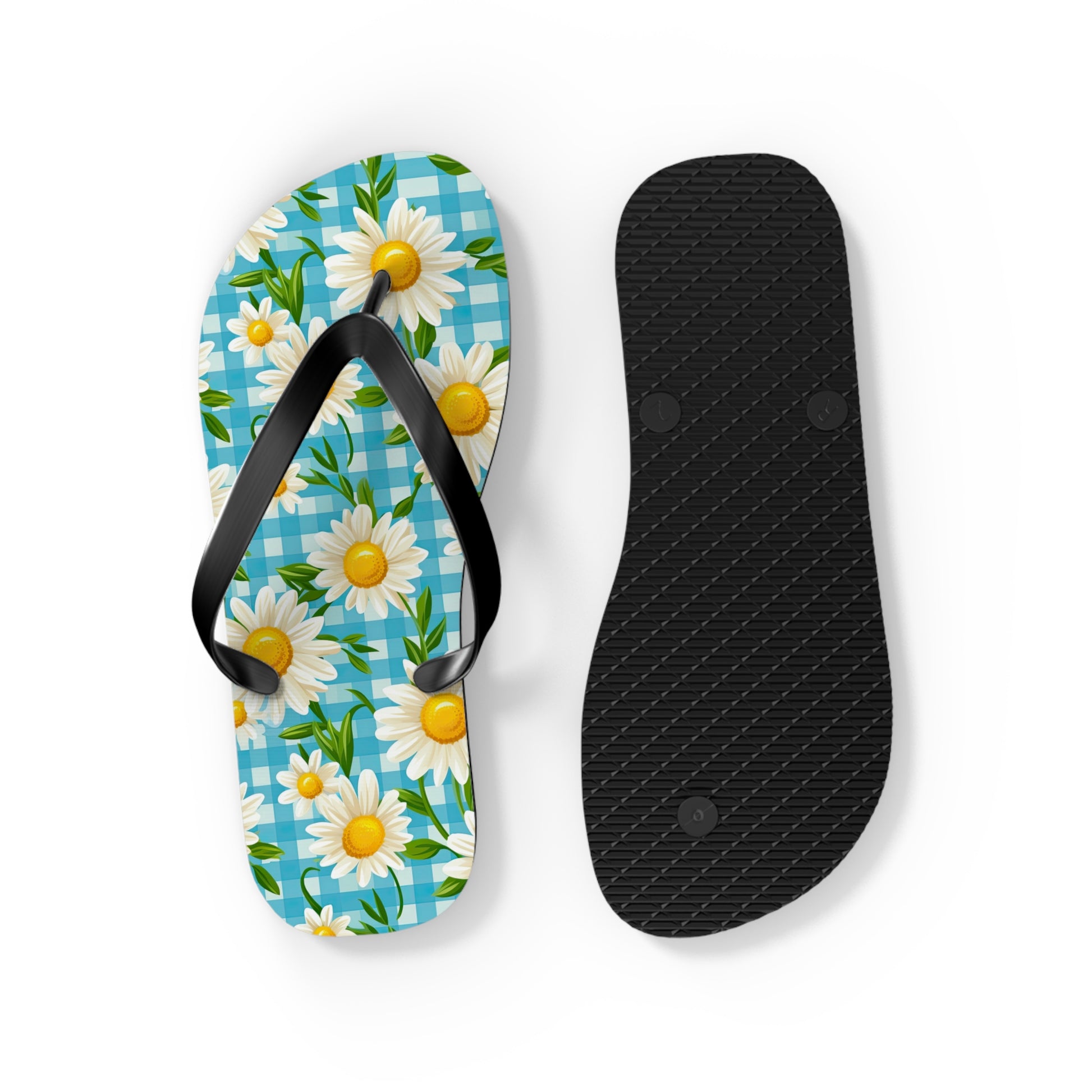 Bright Blue Gingham and Daisy's Flip Flops - Cottage Garden Decor