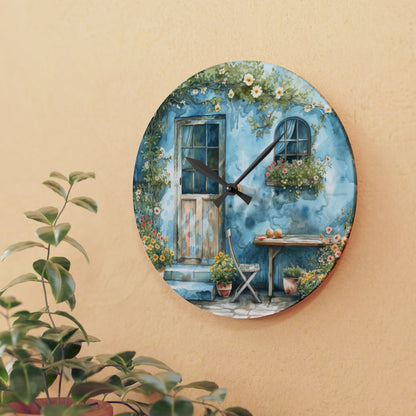 Blue Cottage Back Door Acrylic Wall Clock - Cottage Garden Decor