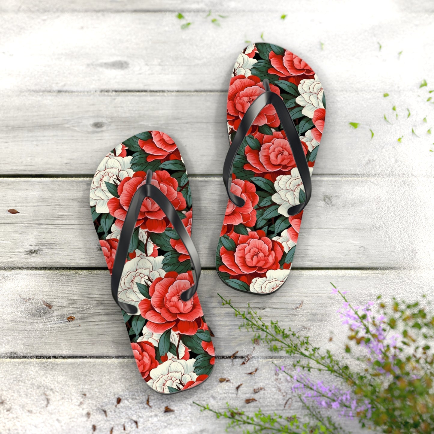 Charming Red and White Rose Flip Flops - Cottage Garden Decor