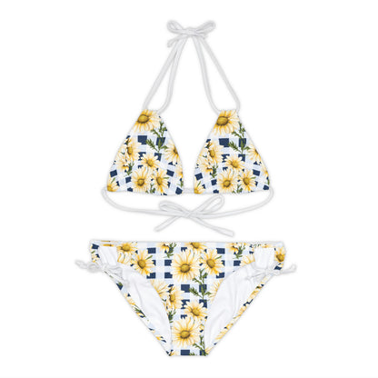 Blue and White Gingham Daisy Bikini Set - Cottage Garden Decor