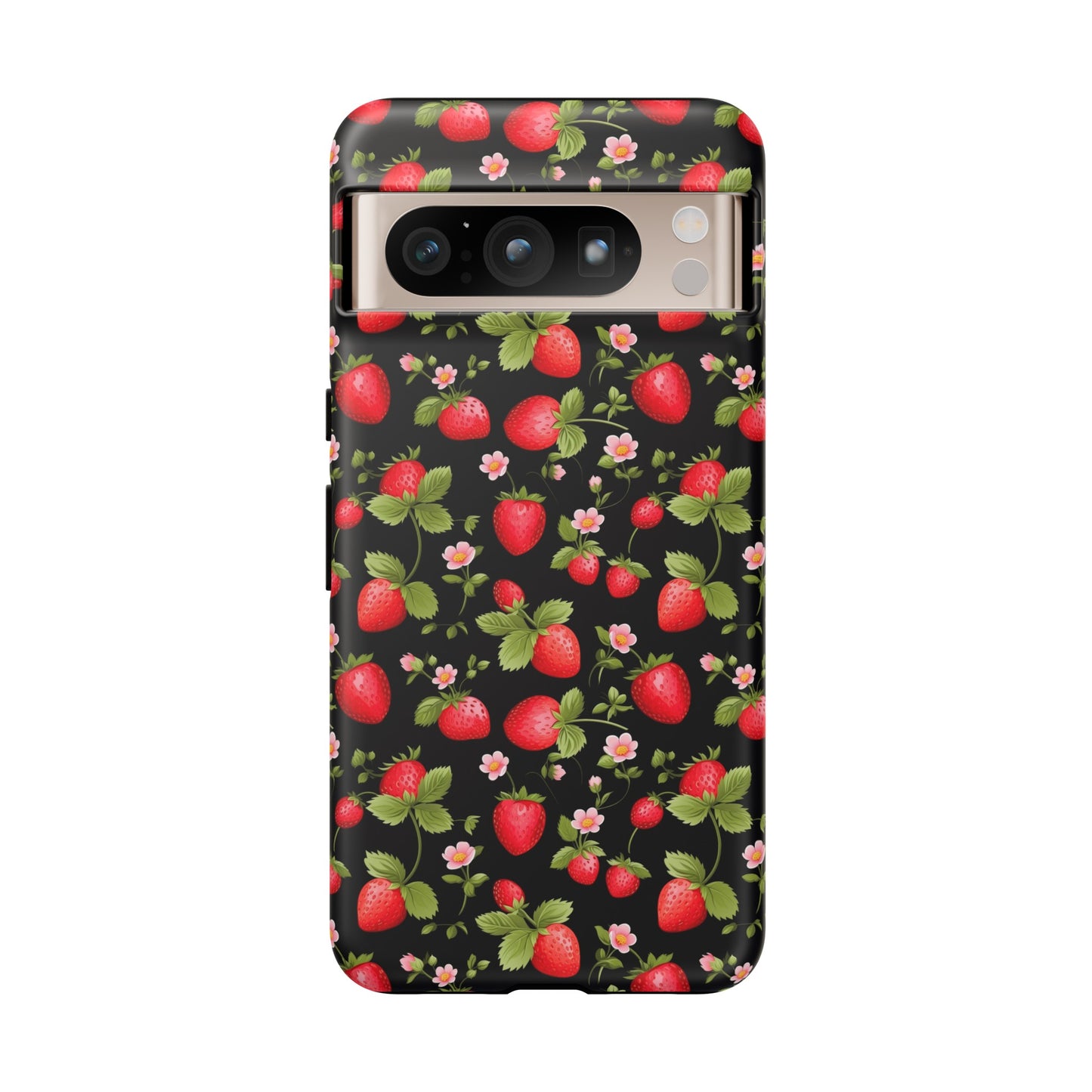 Strawberry's and Pink Flowers on Black Tough Phone Case - Cottage Garden Decor