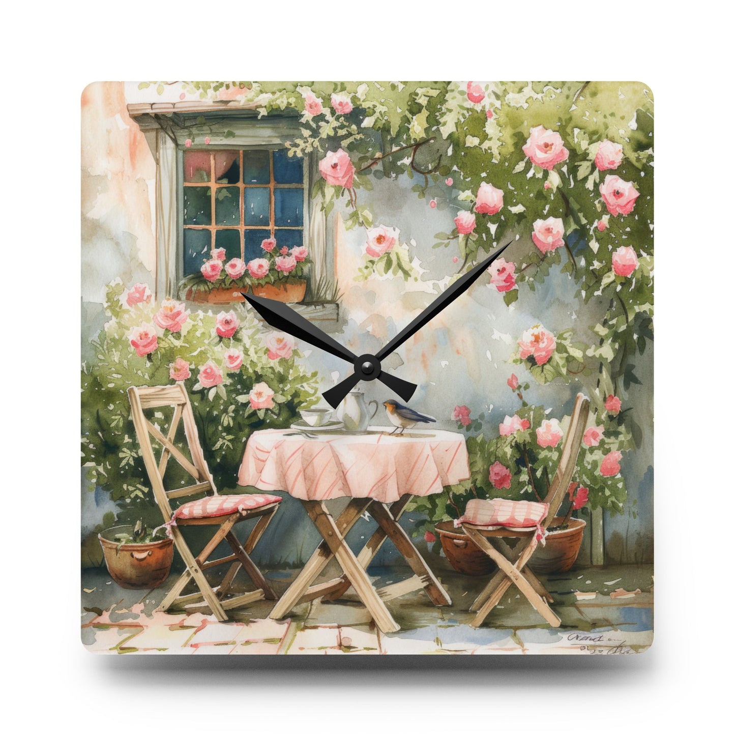 WaterColor Cottage Garden Table and Chairs Acrylic Wall Clock - Cottage Garden Decor